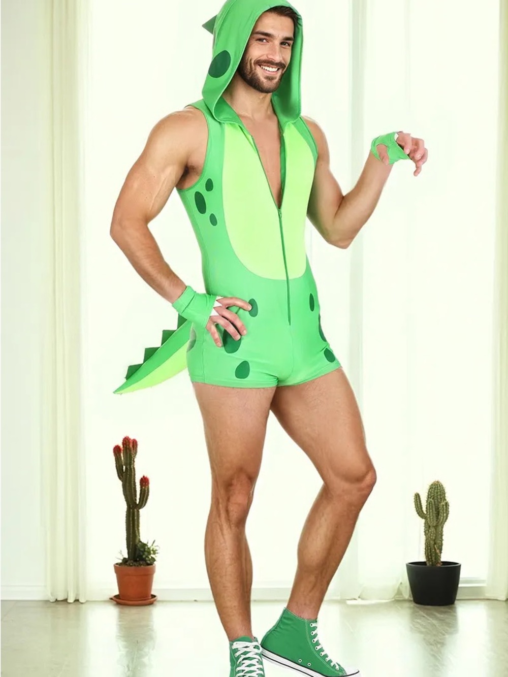 Men’s green dinosaur costume with gloves (size M)